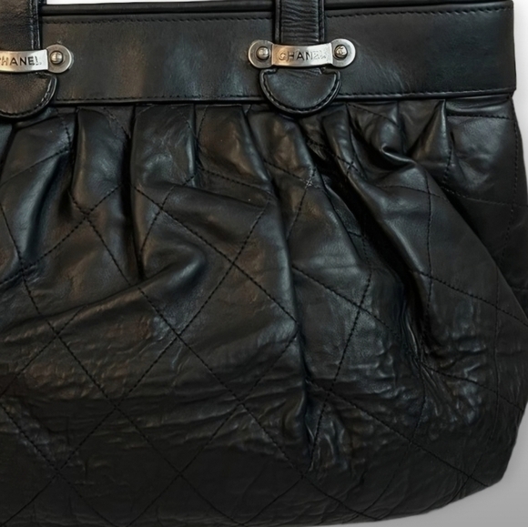 Chanel Black Diamond Stitch Lambskin Silvertone Large Shoulder Bag Tote - Picture 12 of 14